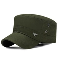 Men's olive green cotton military flat top cap with silver eagle logo and breathable vents - Adjustable / Army Green