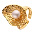 Artistic S925 silver ring in golden finish featuring a large white natural pearl - Natural Freshwater Pearl Artistic Style (LR241)