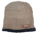 Winter khaki knitted beanie with fleece lining and leather patch for outdoor warmth - One Size / Khaki
