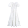 Elegante abito bianco con scollo a V, maniche a sbuffo e ricami floreali in linea ad A - XS / Bianco