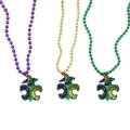 Three Mardi Gras bead necklaces with sequined fleur-de-lis pendants in purple, gold, and green - Fleur-de-lis A Three-Color Necklace Set