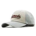 Close-up of Alameda embroidery detail on vintage patchwork cotton baseball cap - Adjustable / Sky Blue