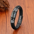 Men's braided black leather bracelet with tiger eye stones and magnetic steel clasp - Style 6 (Green Stone)
