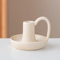 Portacandele nordico in ceramica bianco crema con smalto puntinato e manico tondo - Candeliere con Manico Earti / Beige Maculato