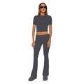Detail of dark grey two-piece set featuring short sleeve crop top and flared trousers - XS / Top And Bottom / Dark Gray