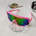 Kids sports cycling sunglasses with pink frames and iridescent rainbow mirrored lenses - Pink Frame Green Mercury