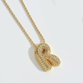 Puffy bubble letter R pendant necklace in gold finish with sparkling pavé cubic zirconia - Letter R