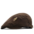 Detail of vintage cotton flat cap featuring dark brown leather strap and metal buckle - Adjustable / Coffee