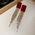 Detail of red velvet square studs with cascading gold tassel chains and rhinestones - Square Flocked Tassel Style / 925 Sterling Silver Earring Post - Gold - Red