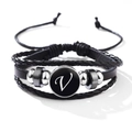 Classic black leather multilayer bracelet with silver-tone metal beads and white letter V - Letter-V