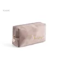 Elegant khaki flannel makeup bag with gold embroidery and metal zipper detail - Square Bag / Khaki
