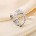 Silver wavy open ring with cubic zirconia stones on soft beige silk background - Silver Wave Open Full Rhinestone Style (KR53385-K)