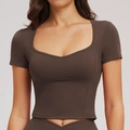 Slim fit dark brown yoga crop top for women featuring a stylish sweetheart neckline - S / Coffee