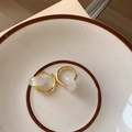 Golden titanium steel hoop earrings featuring translucent white oval agate stone pendants - Gold Ear Hoops / White Jade
