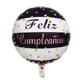 18-inch round striped foil balloon with Feliz Cumpleaños text and festive metallic dots - Round Black White Stripes Spanish Birthday