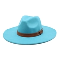 Detail of teal wool fedora hat featuring brown leather band with silver metal rivets - M (56-58cm) / Lake Blue