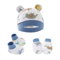 Dettaglio set neonato in cotone bianco con cappello, guanti, calzini e stampe animali - Set da 3 Pezzi Grande Dinosauro Blu