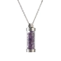 Dettaglio del ciondolo a boccetta di profumo in acciaio inox con pietre di cristallo viola - Schegge di Ametista