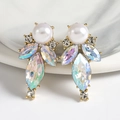 Luxe geometric teardrop earrings with white pearls and AB color rhinestones in gold finish - AB Color