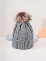 Gray cable-knit beanie with brown faux fur pom-pom detail for a stylish winter look - M (56-58cm) / Light Gray
