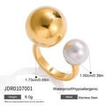 Detail of 18K gold stainless steel open ring showing pearl ball and size measurements - Gold Double Ball Pearl Style (JDR0107001)
