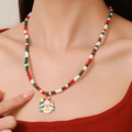 Christmas beaded necklace with Santa snowman pendant in festive red white and green colors - D1224 Single Layer Beaded Snowman & Tree Pendant
