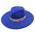 Close-up of royal blue fedora hat featuring intricate ethnic pattern woven ribbon band - M (56-58cm) / Blue