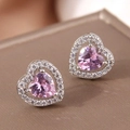 Sparkling pink heart-shaped copper stud earrings with cubic zirconia and silver plating - Pink
