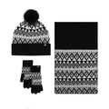 Winter set with black and white fair isle knit hat scarf and gloves with faux fur pom pom - 322 Black Jacquard Set