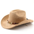 Detail of western suede cowboy hat featuring colorful beaded band and curved brim edge - M (56-58cm) / Dark Camel