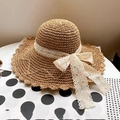 Lace bow wide brim straw sun hat with wavy edges for summer beach protection - M (56-58cm) / Khaki