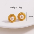 Detail showing 18k gold plated textured floral earrings with pearl inlay and 12.5mm size - Round Textured Pearl Studs (Style 5)