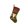 Green Christmas stocking with 3D gnome doll and red checkered cuff for holiday gifts - Green