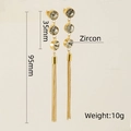 Detailed view showing 95mm long gold tassel earrings with zircon stones and dimensions - 18K Gold Plated / Gold