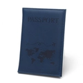 Dark blue PU leather passport holder with embossed world map and airplane design - Passport Cover / Dark Blue