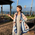 Ethnic style summer beach shawl with starfish shell patterns and blue striped border - Yellow Green-Starfish Shell Blue Border / 180cm