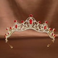 Golden bridal crown with vintage hollow pattern and sparkling red marquise rhinestones - Gold Red