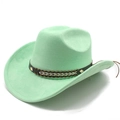 Detail eines minzgrünen Wildleder-Cowboyhuts mit braunem Band und Metallic-Nieten - M (56-58cm) / Neongrün