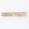 Beige elastic waist belt featuring a polished golden round metal buckle on white background - Off White