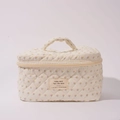 Beige floral quilted cotton makeup bag with handle and cute flower patterns - Polka Dot Floral