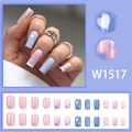 Pink and blue square press-on nails with 3D heart charms and French tips set - Pink Blue French Heart Square Style (W1517) / Glue Type