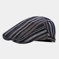 Close-up of retro striped ivy cap showing textured fabric and side metal buckle detail - Navy Beige Brown Stripe (Color 5)