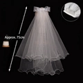 Short double-layer bridal veil with satin bow, pearl tassels, and 75cm length detail - Beaded Chain Tassel Bow Veil (Approx. 75cm - Hair Comb - with Artificial Pearls) / White
