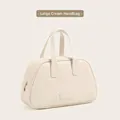 Large cream white woven PU leather cosmetic bag with top handle and double zipper - Handbag Large / Cream