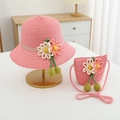 Detailed set of pink woven straw sun hat and matching crossbody bag with floral accents - 54cm (Recommended 2-10 Years) / Watermelon Red Hat + Bag Set