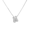 Silver balloon letter N pendant necklace with sparkling cubic zirconia on box chain - Letter N / Silver