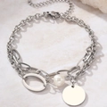 Pulsera barroca de acero inoxidable con perla blanca y colgante redondo pulido - N8846 / Plateado