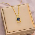 Elegant gold-plated necklace featuring a rectangular blue sapphire pendant with zirconia - 6041 Rectangle Blue Zircon / Gold Blue Zircon