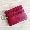 Red genuine leather coin purse with three zipper compartments and a key chain ring - Burgundy