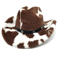 Detail of faux fur cow print cowboy hat with turquoise metal flower concho belt - M (56-58cm) / Straight Top / Coffee and White Cow Print